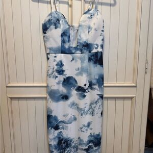 Lexi Drew Blue White Abstract Print Bodycon V-Neck Strapless Zip Dress M
